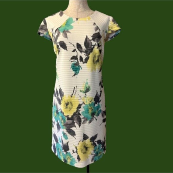 Madison Leigh Dress 14 Stretch Ivory Green Yellow Floral Summer Washable NEW - Picture 1 of 8